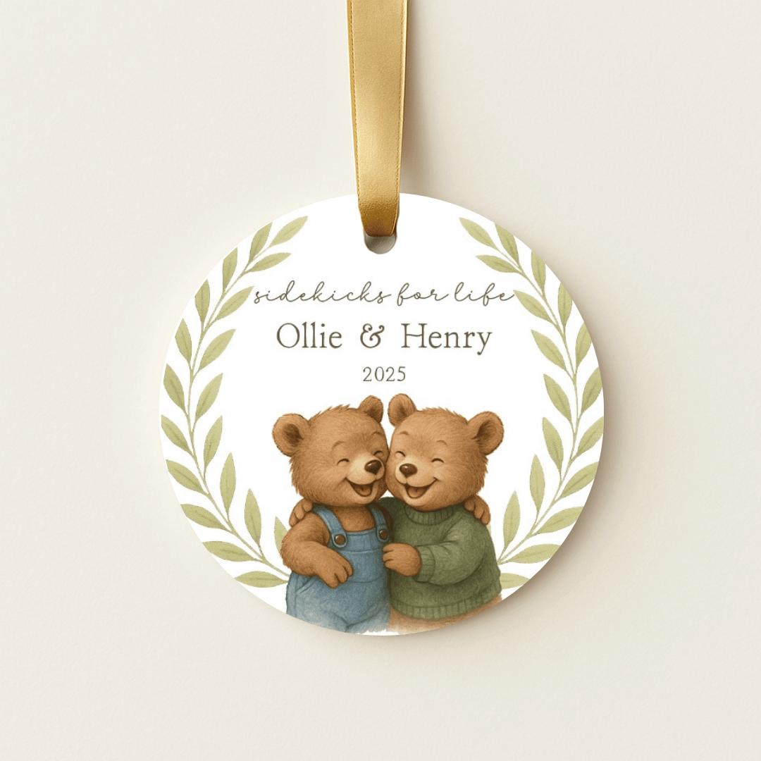 Personalized ceramic Christmas ornament with hugging bears, for brothers or young boys