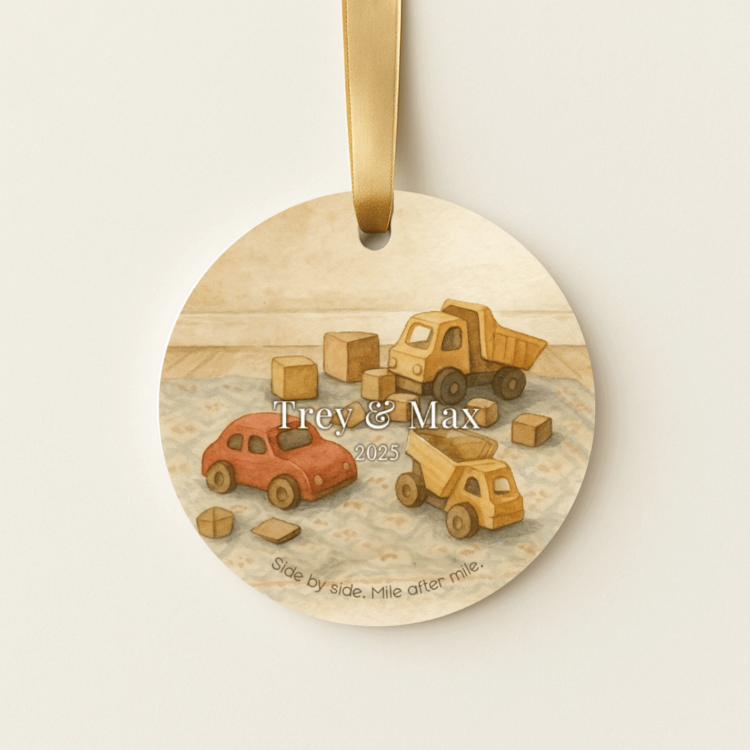 Personalized ceramic Christmas ornament with a cars and trucks, for brothers or young boys