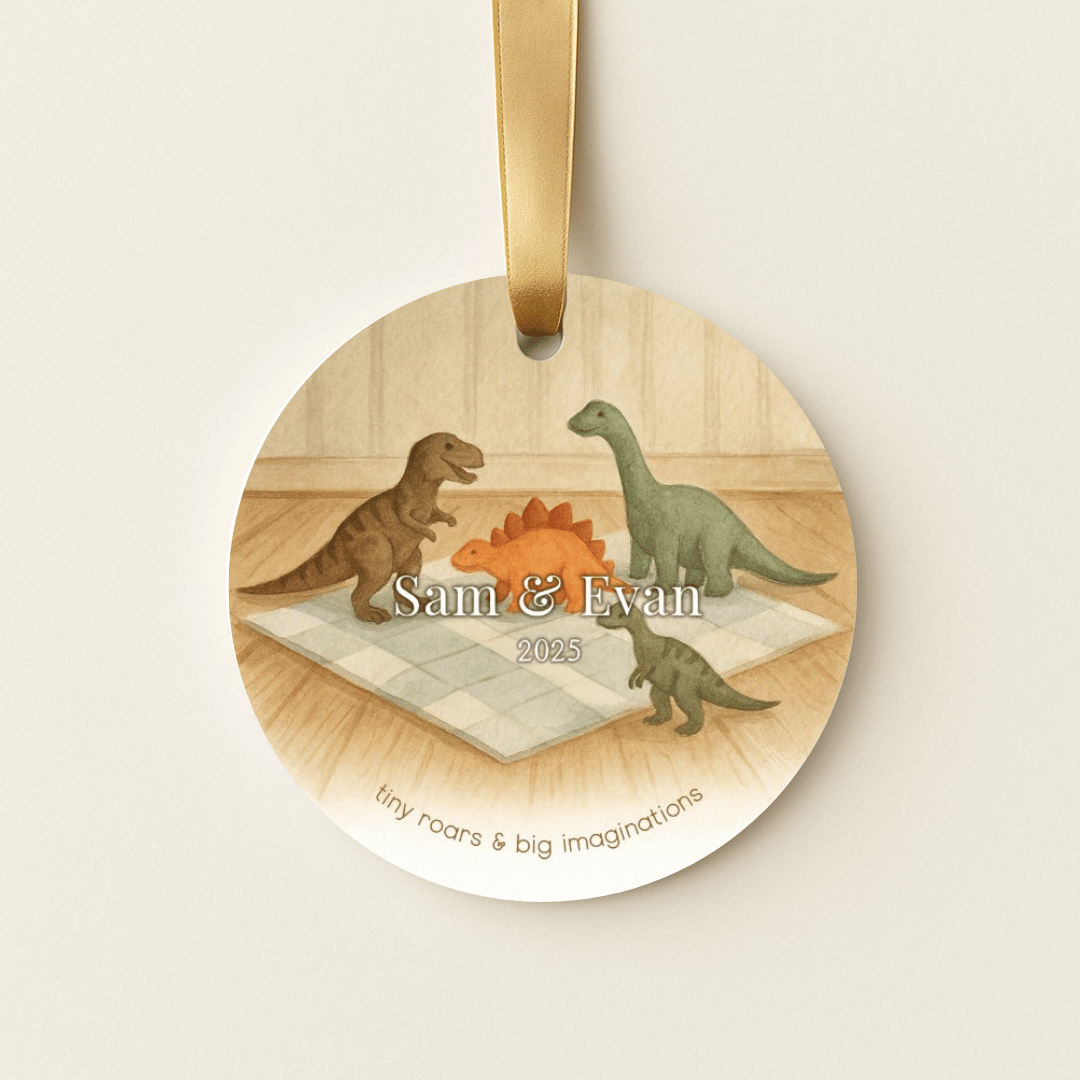 Personalized ceramic Christmas ornament with dinosaurs, for brothers or young boys