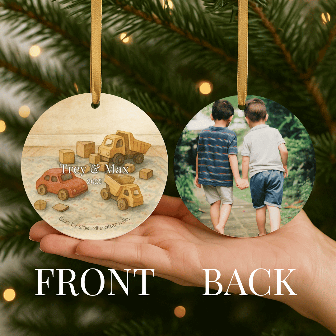 Personalized ceramic Christmas ornament with a cars and trucks on the front and a photo on the back, for brothers or young boys