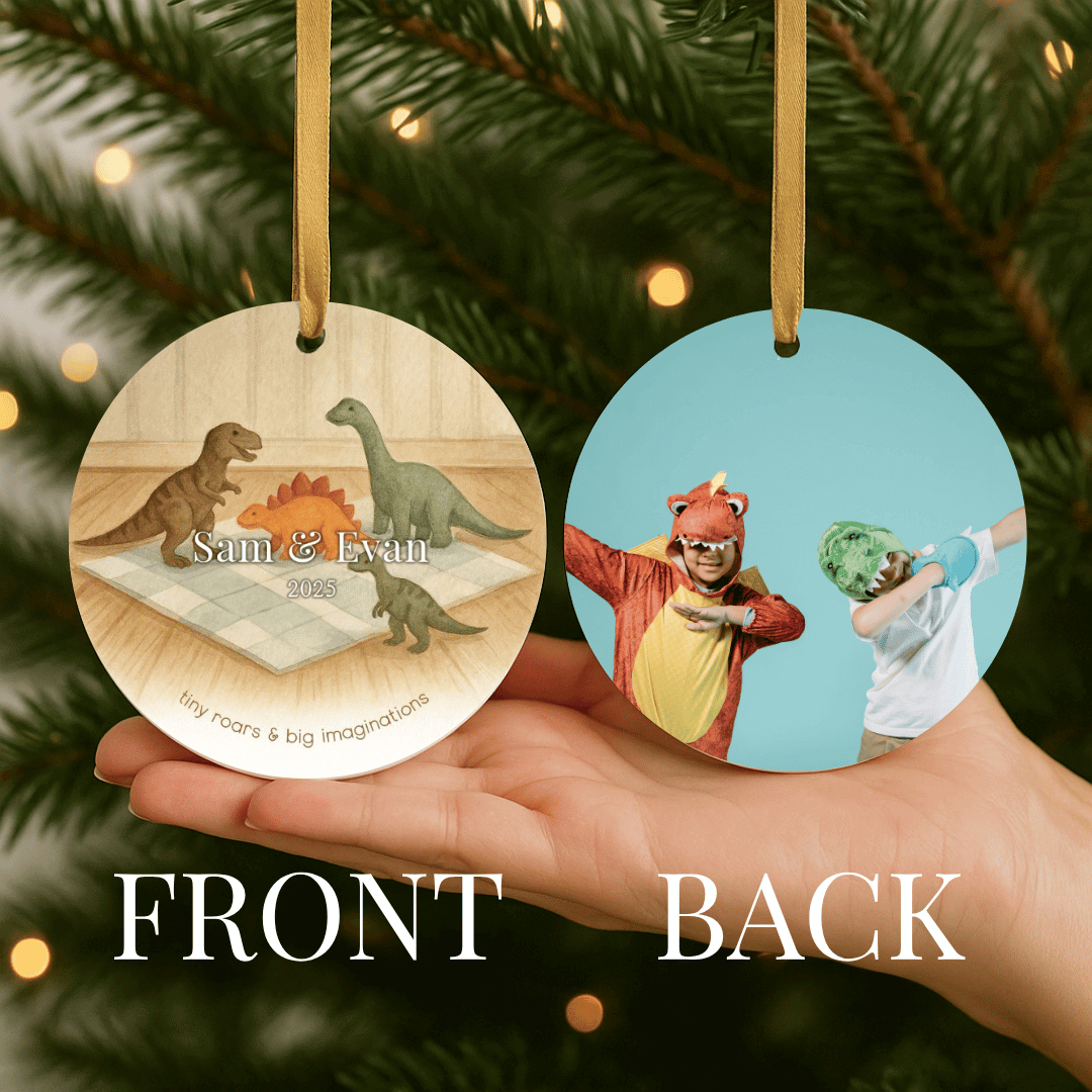 Personalized ceramic Christmas ornament with dinosaurs on the front and a photo on the back, for brothers or young boys