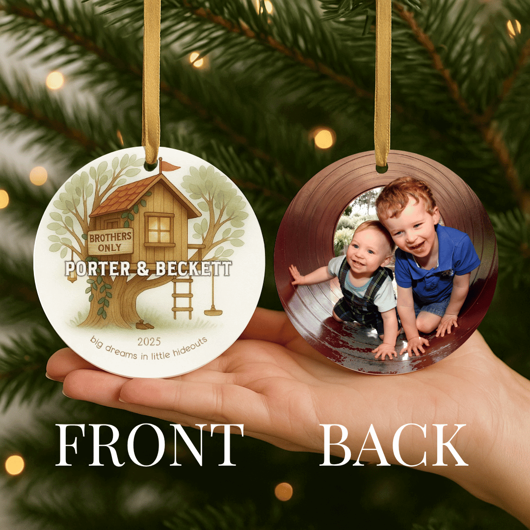 Personalized ceramic Christmas ornament with a treehouse on the front and a photo on the back, for brothers or young boys
