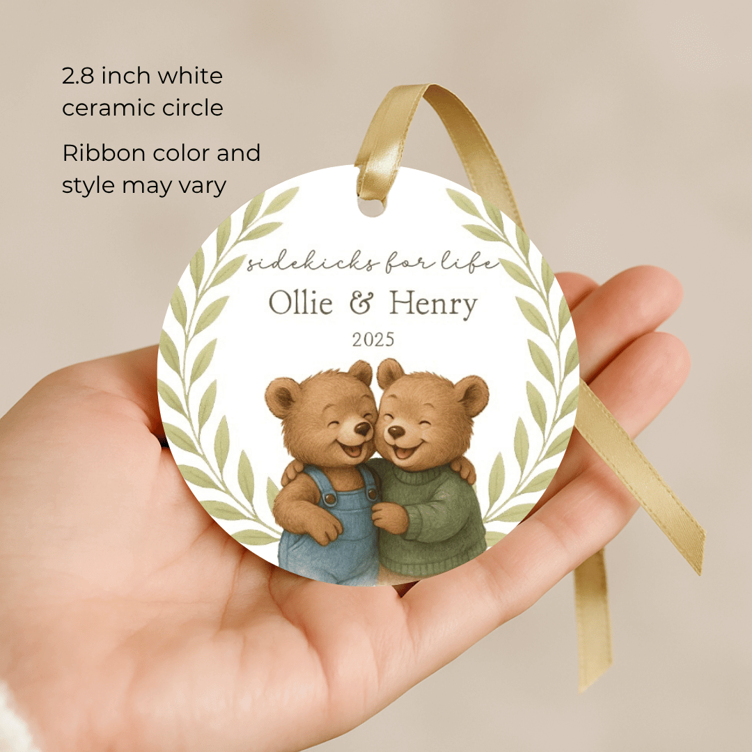 Personalized ceramic Christmas ornament with hugging bears, for brothers or young boys