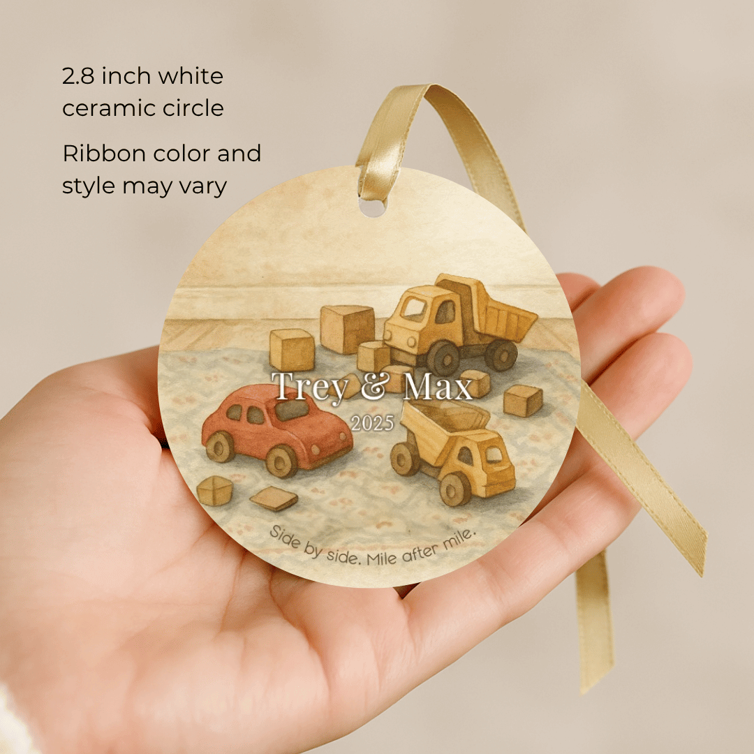 Personalized ceramic Christmas ornament with a cars and trucks, for brothers or young boys