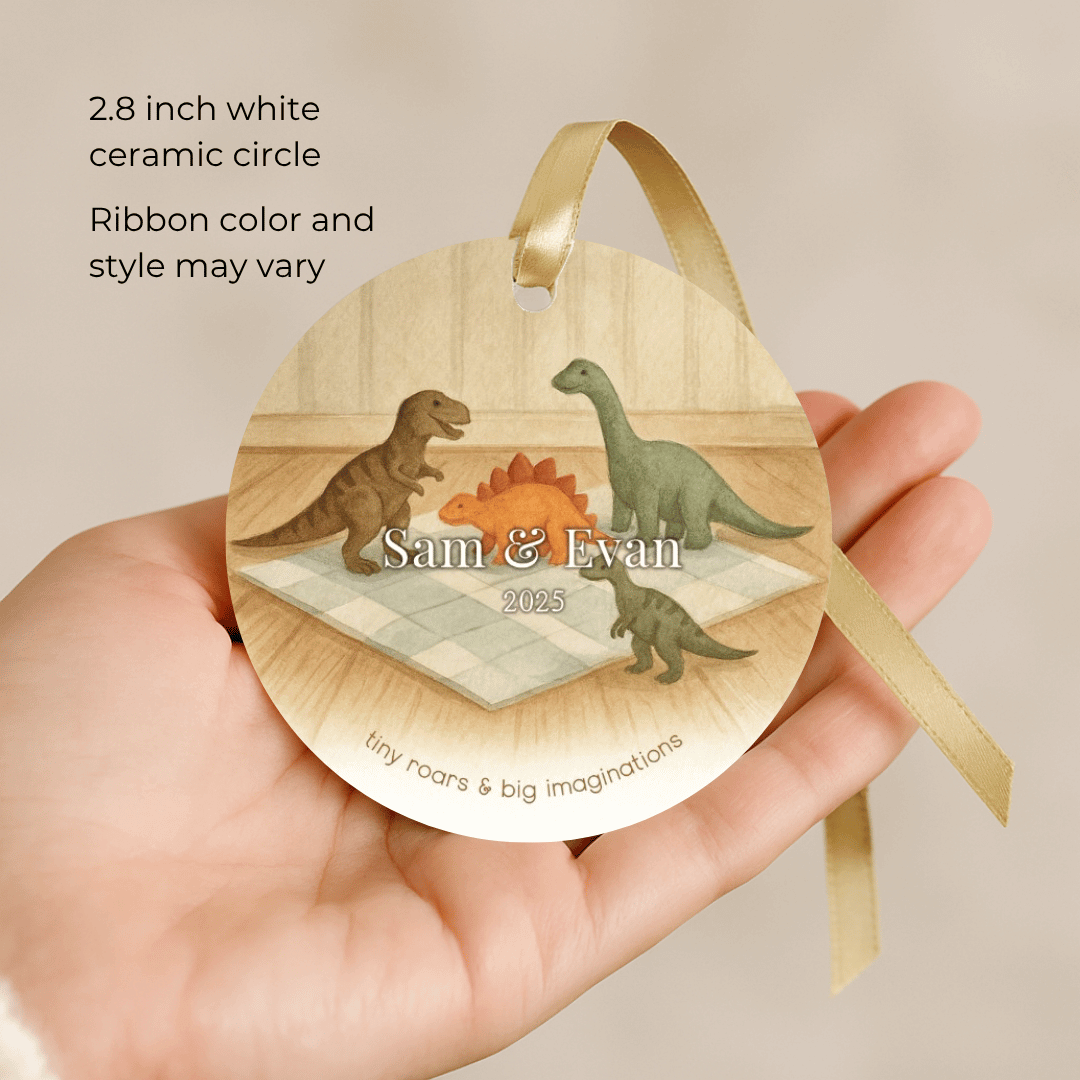 Personalized ceramic Christmas ornament with dinosaurs, for brothers or young boys