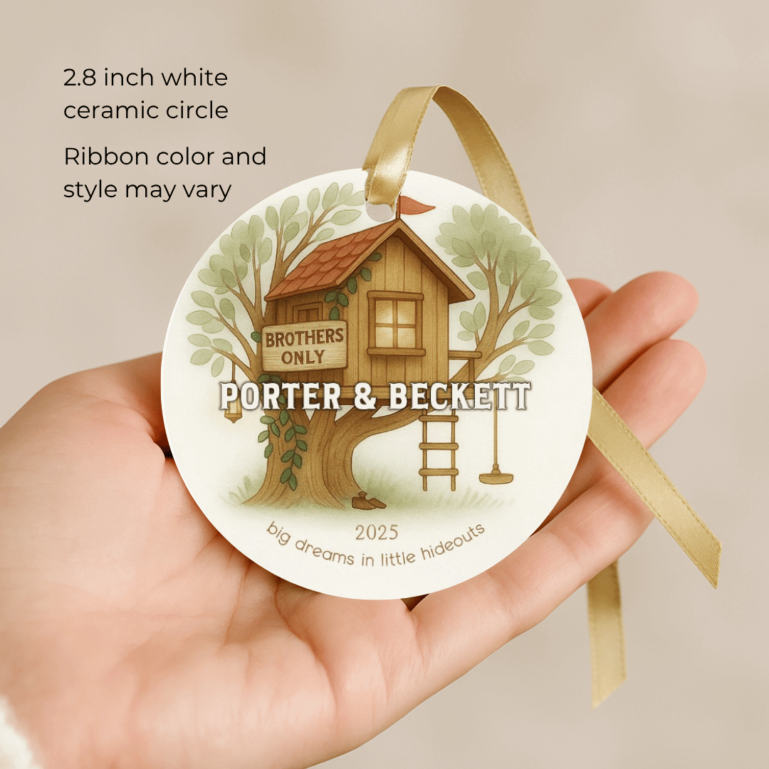 Personalized ceramic Christmas ornament with a treehouse, for brothers or young boys