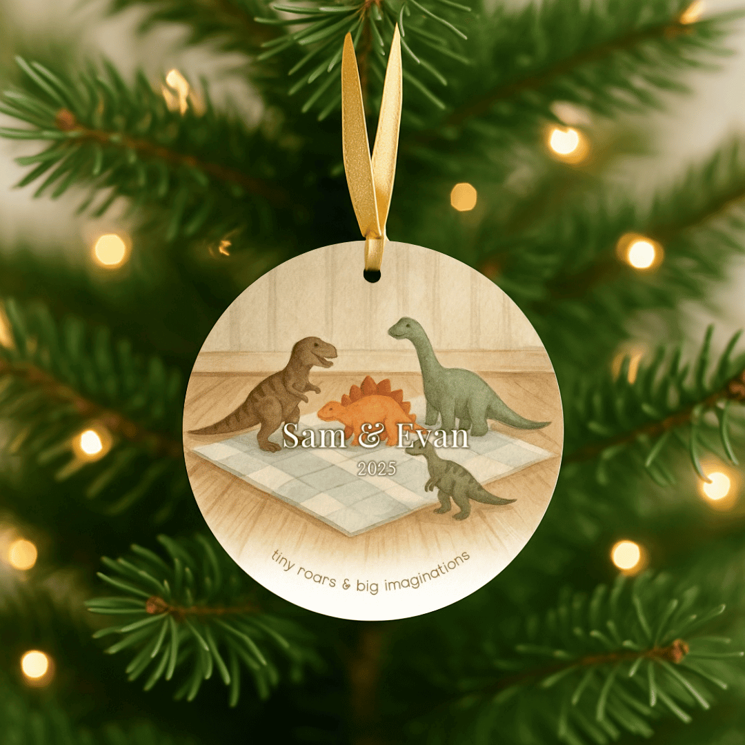 Personalized ceramic Christmas ornament with dinosaurs, for brothers or young boys, hanging on a Christmas tree