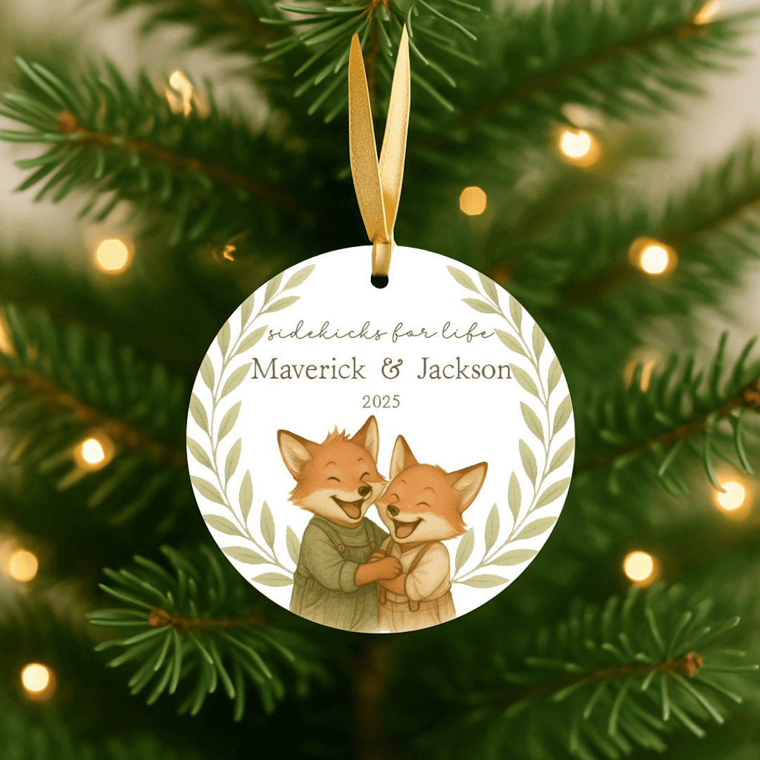Personalized ceramic Christmas ornament with hugging foxes, for brothers or young boys, hanging on a Christmas tree