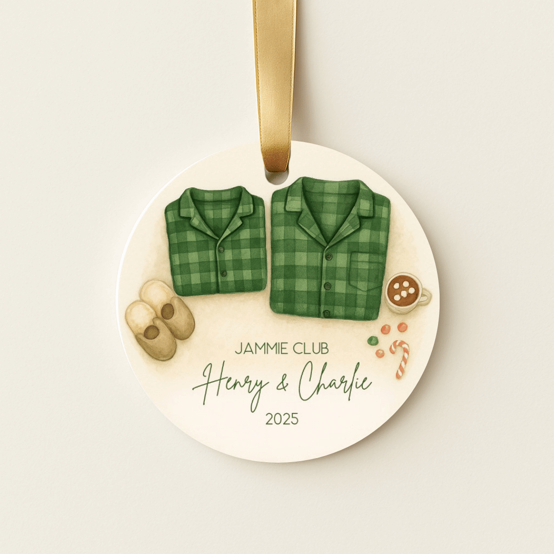 Round personalized ceramic Christmas ornament with matching green plaid family pajamas