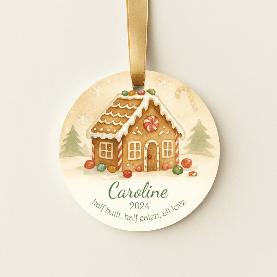 Personalized Christmas ornament with a gingerbread house design