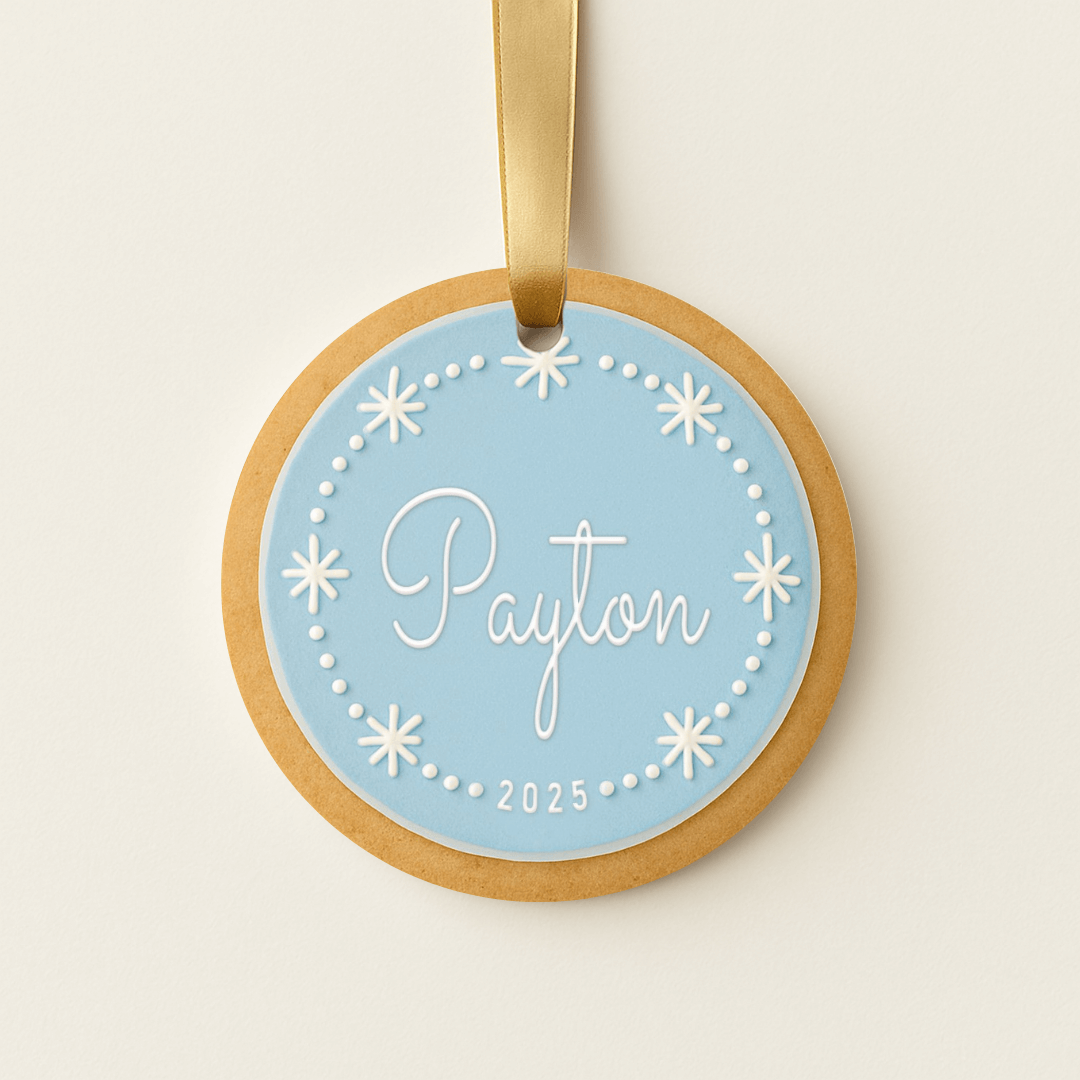 Personalized round sugar cookie Christmas ornament in blue