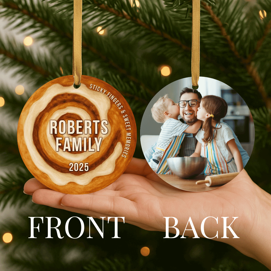 Round personalized cinnamon roll Christmas ornament with a photo on the back