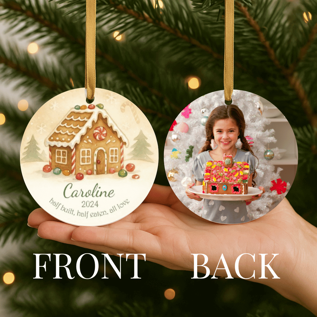 Personalized Christmas ornament with a gingerbread house design on the front and a photo on the back