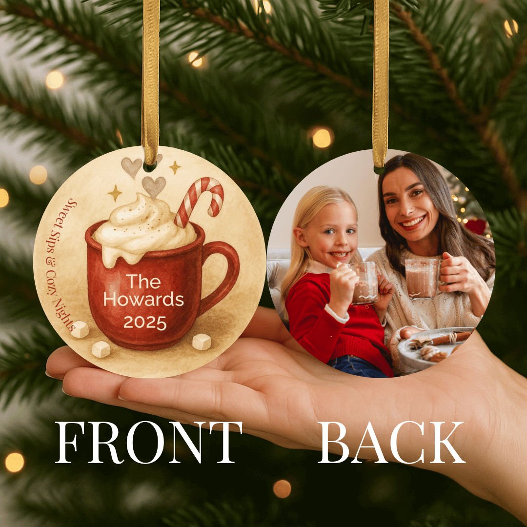 Personalized ornament with a hot cocoa mug design on one side and a photo on the back