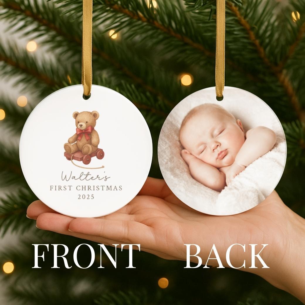 Front and back of a personalized Christmas ornament with a bear pull toy illustration on one side and a photo on the back