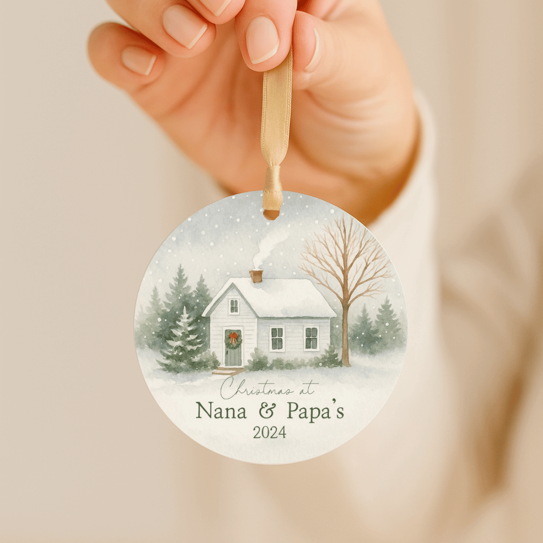 Round ornament with a winter scene and &