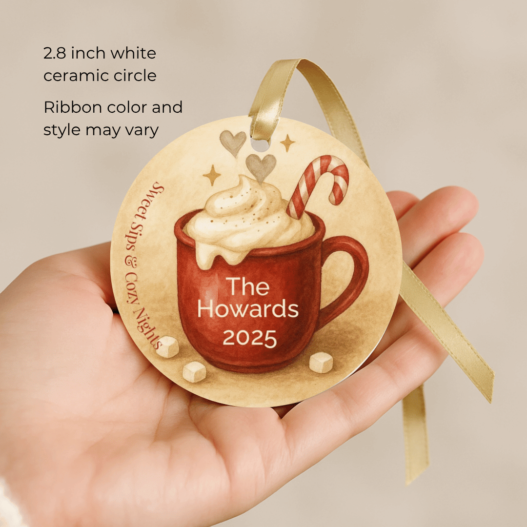 Personalized ornament with a hot cocoa mug design and &
