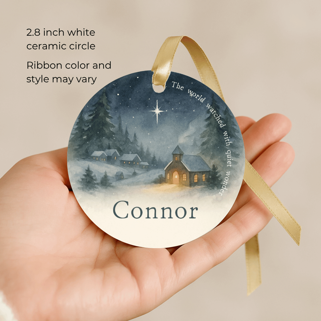 Personalized Christmas ornament featuring a storybook inspired starry night