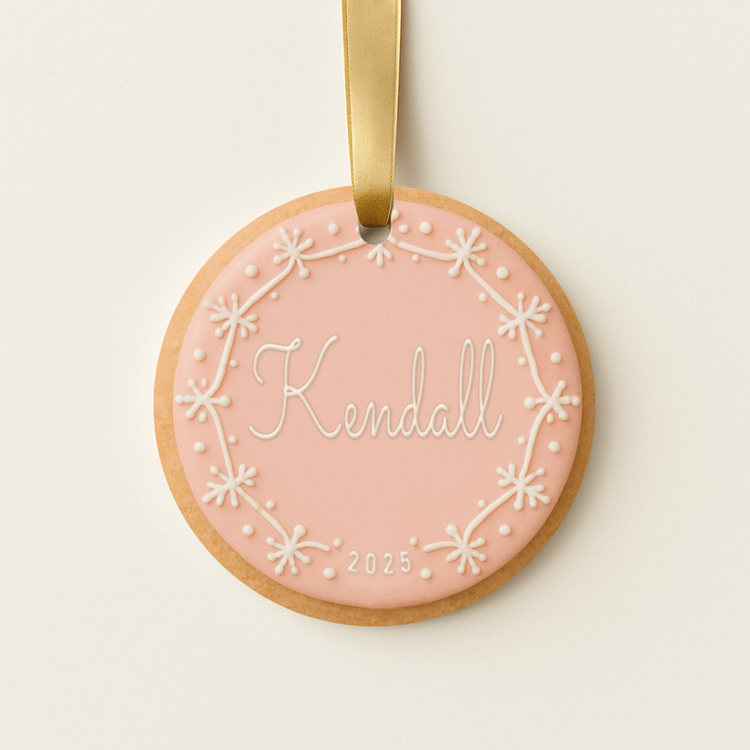 Personalized round sugar cookie Christmas ornament in pink