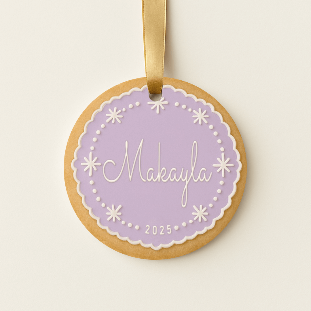 Personalized round sugar cookie Christmas ornament in purple