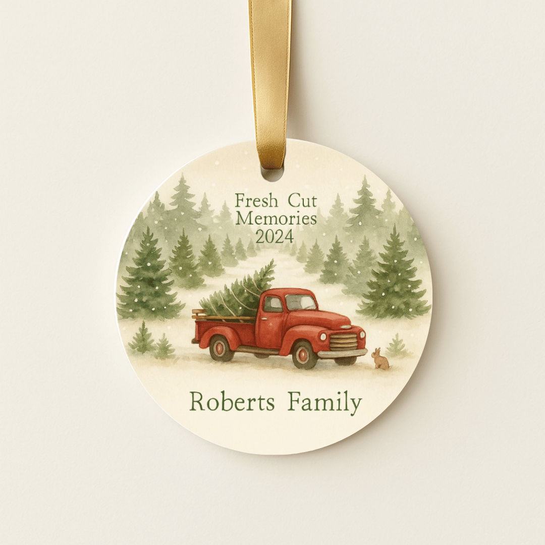 Round personalized Christmas tree farm ornament with red truck and trees