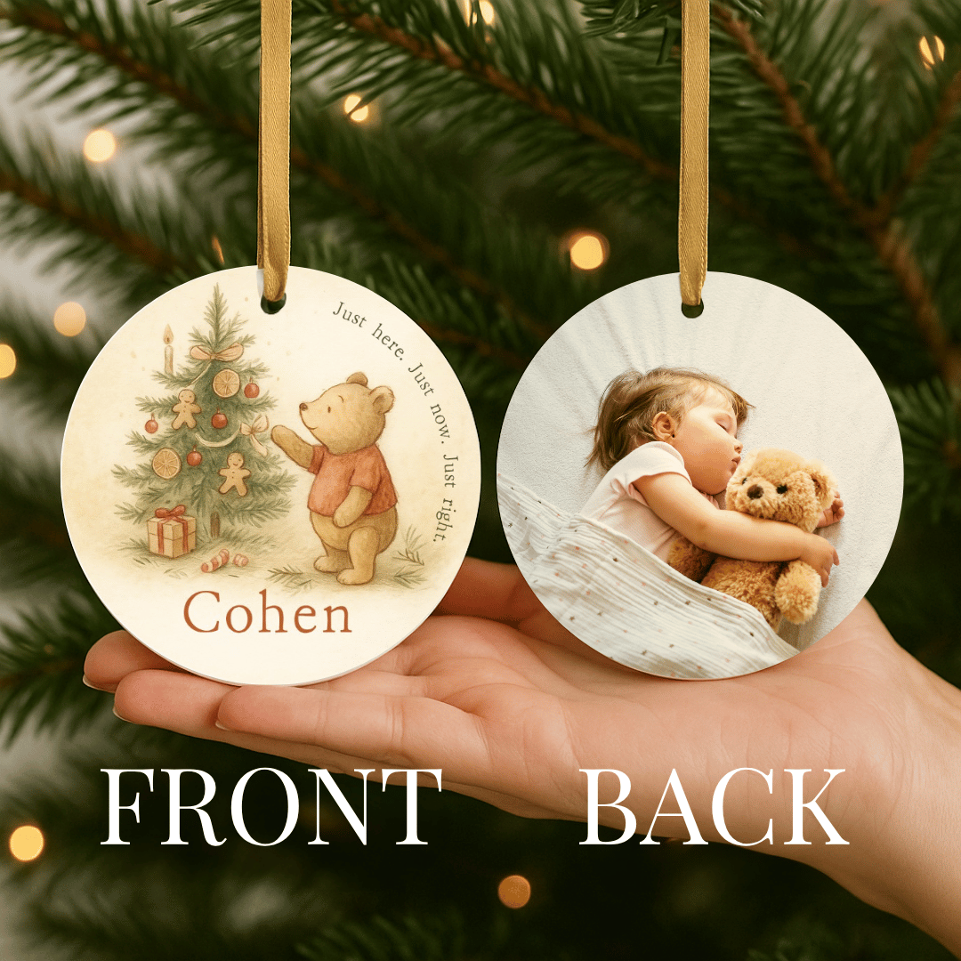Storybook ornament with a teddy bear and Christmas tree showing the front band back