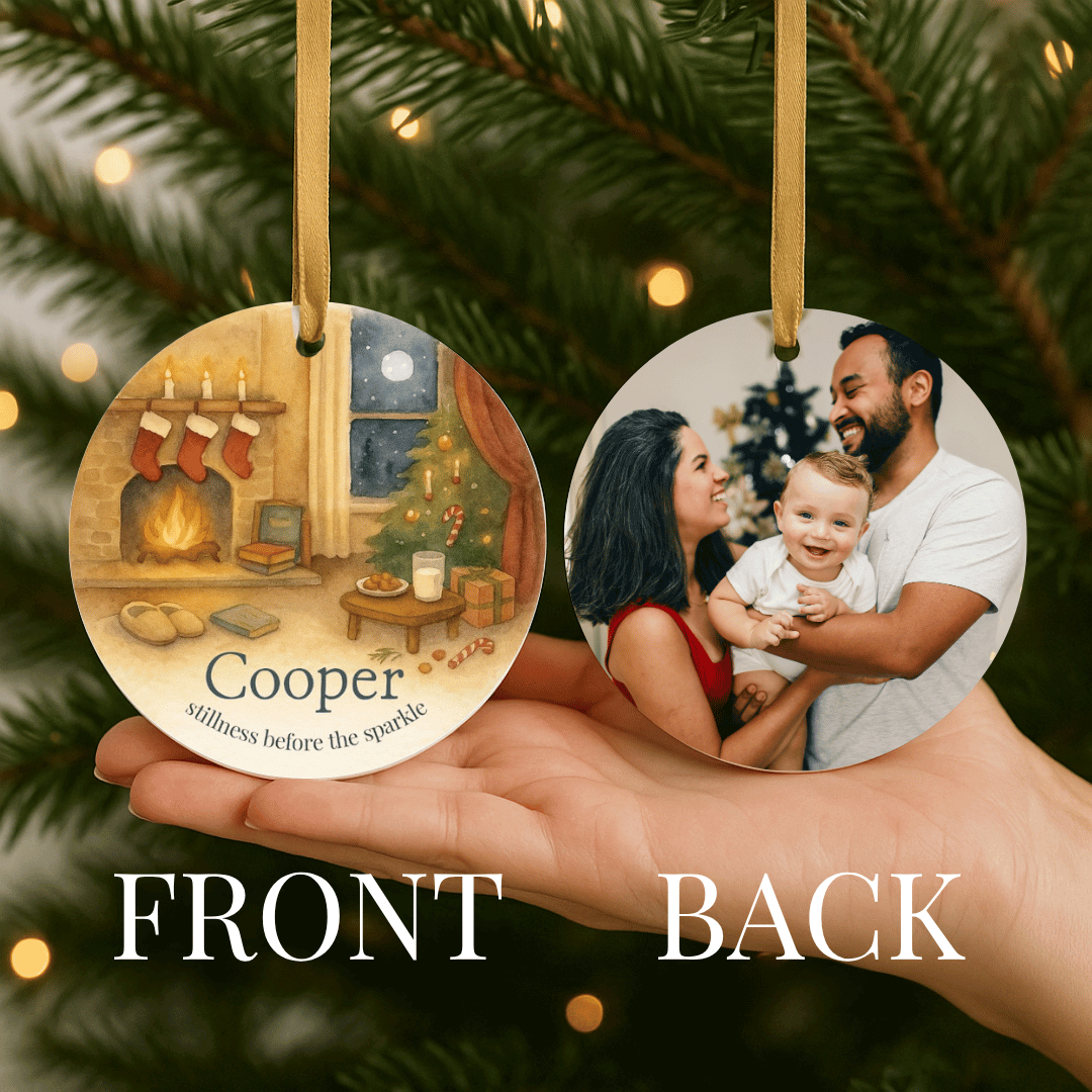 Personalized Christmas Eve ornament with a cozy scene on one side and a photograph on the back