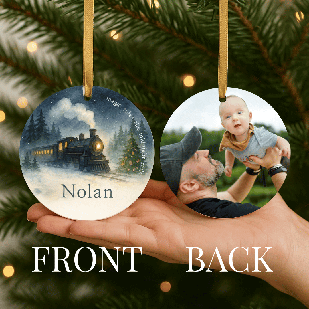 Personalized Christmas ornament with a train showing the front and a photo on the back