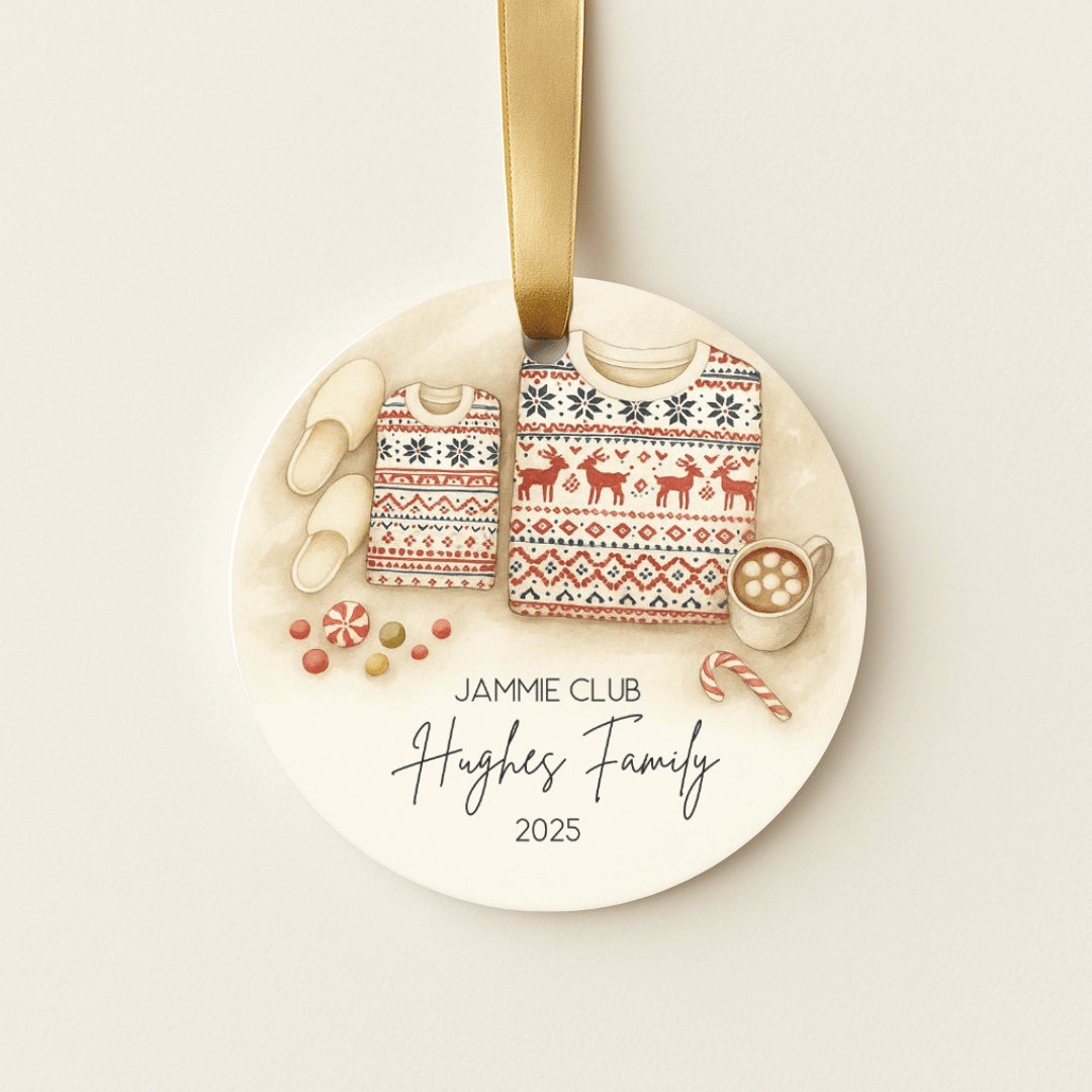 Round personalized ceramic Christmas ornament with matching fair isle family pajamas