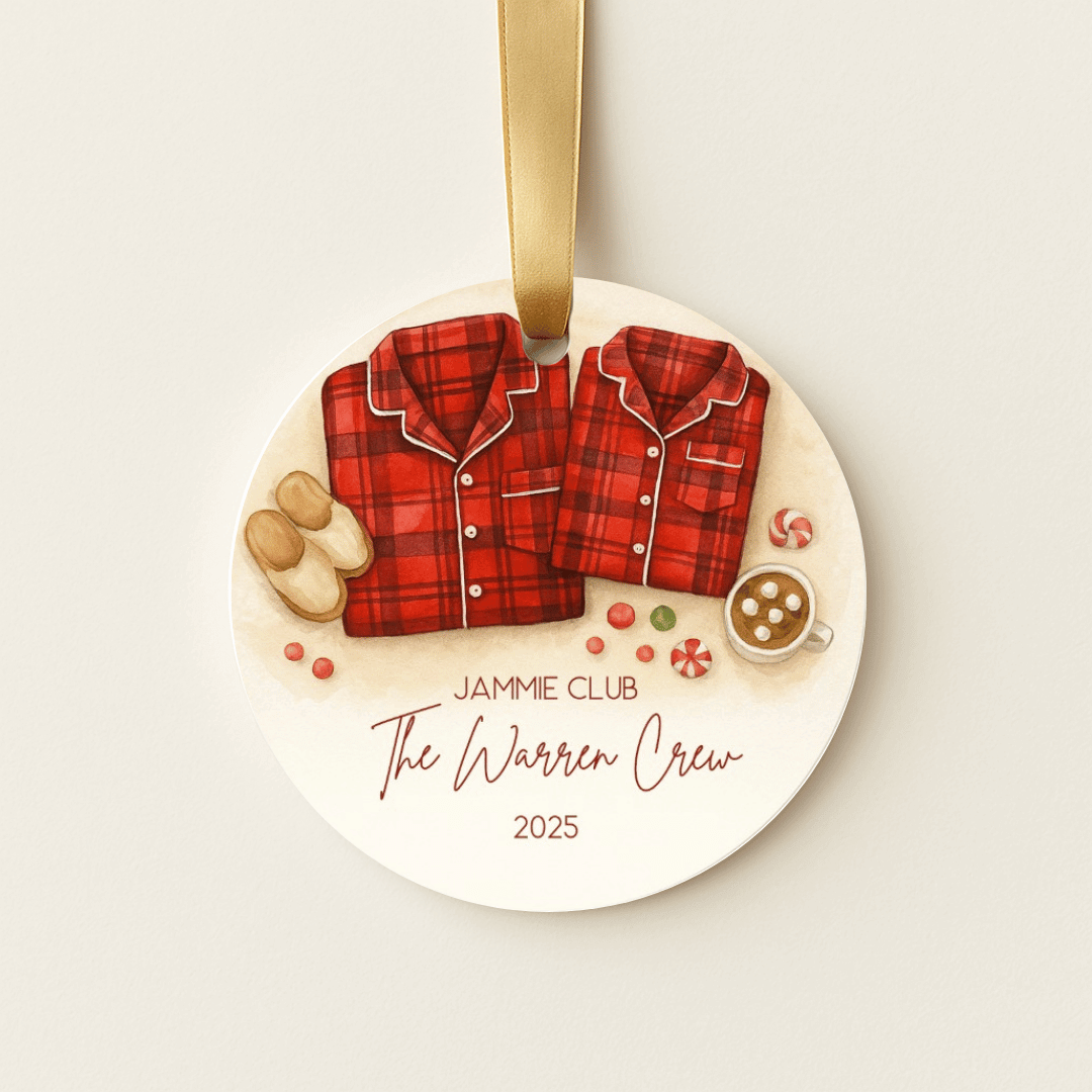 Decorative personalized ornament with red plaid pajamas, a mug, and text on a beige background