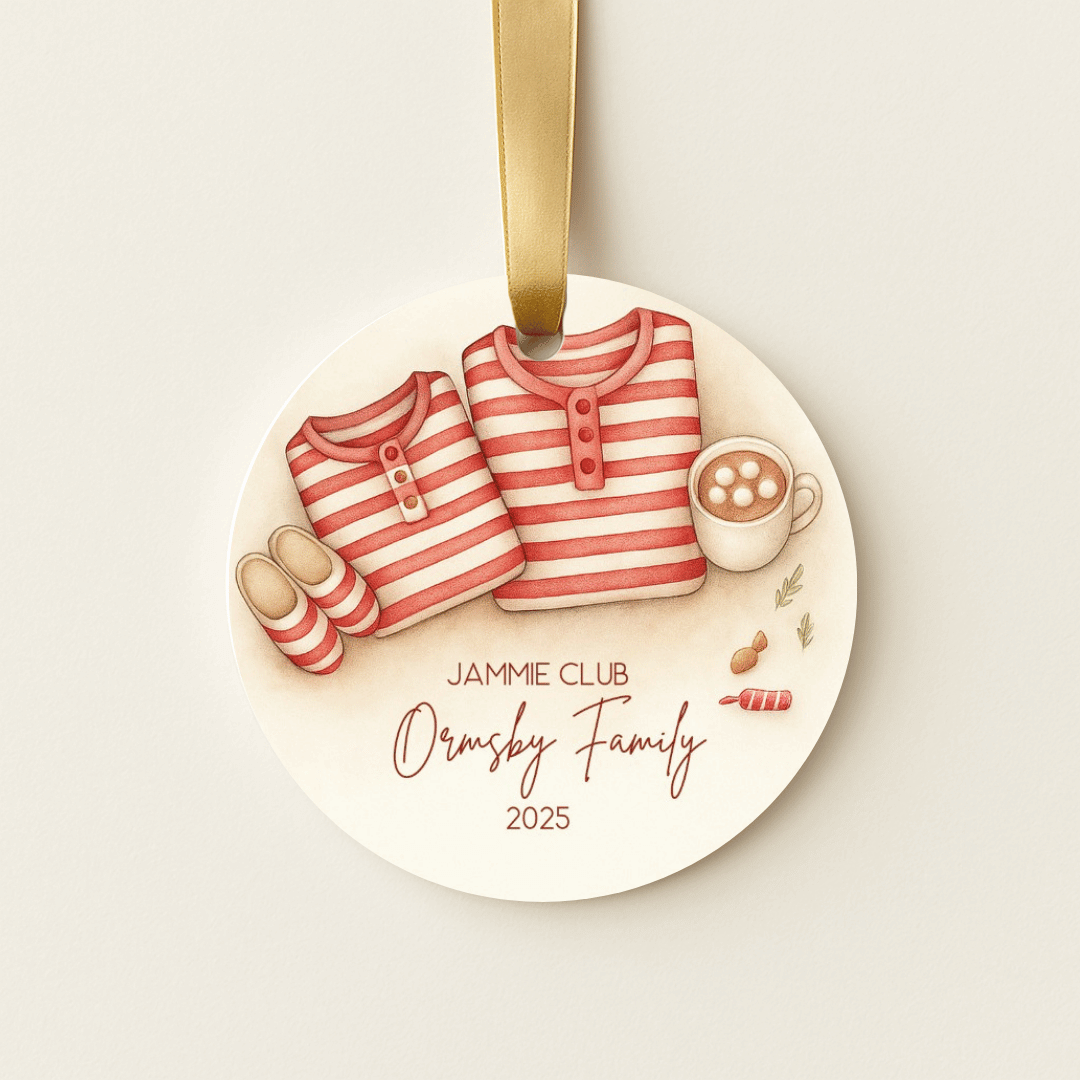 Round personalized ceramic Christmas ornament with matching red and white striped family pajamas