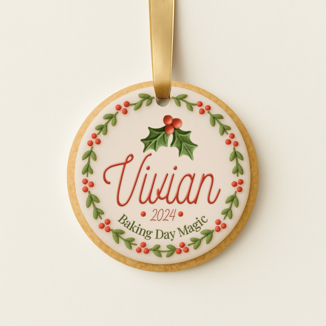 Personalized Christmas ornament with a red and green cookie design