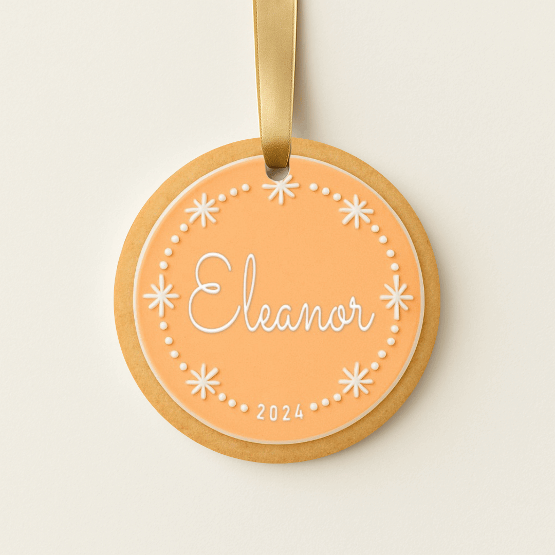Personalized round sugar cookie Christmas ornament in orange