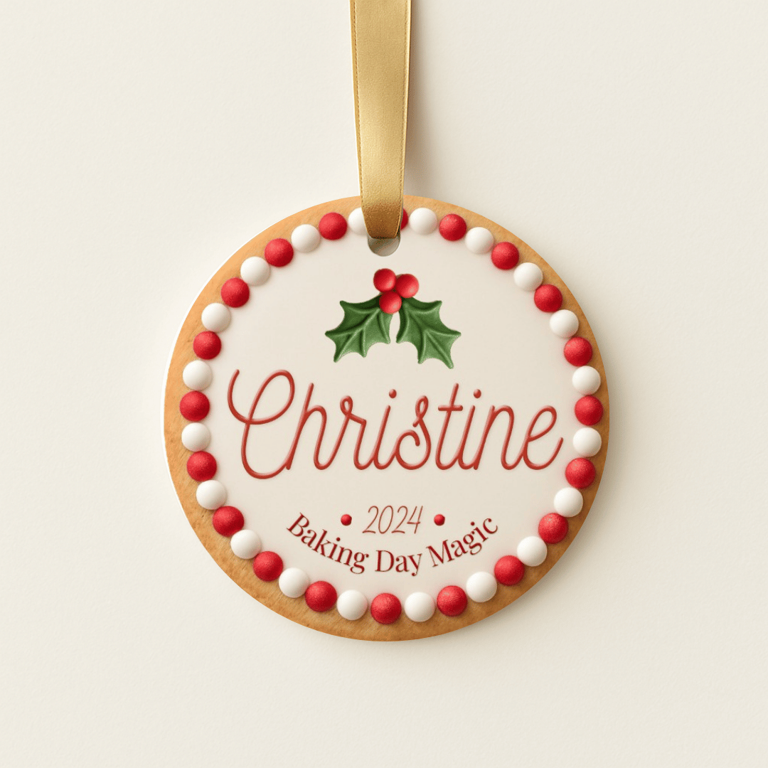 Personalized Christmas ornament with a red and white cookie design