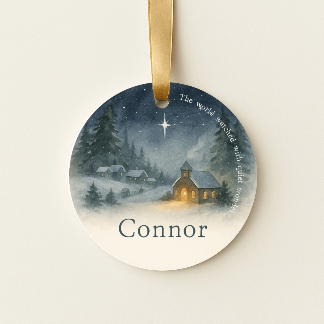 Personalized Christmas ornament featuring a storybook inspired starry night