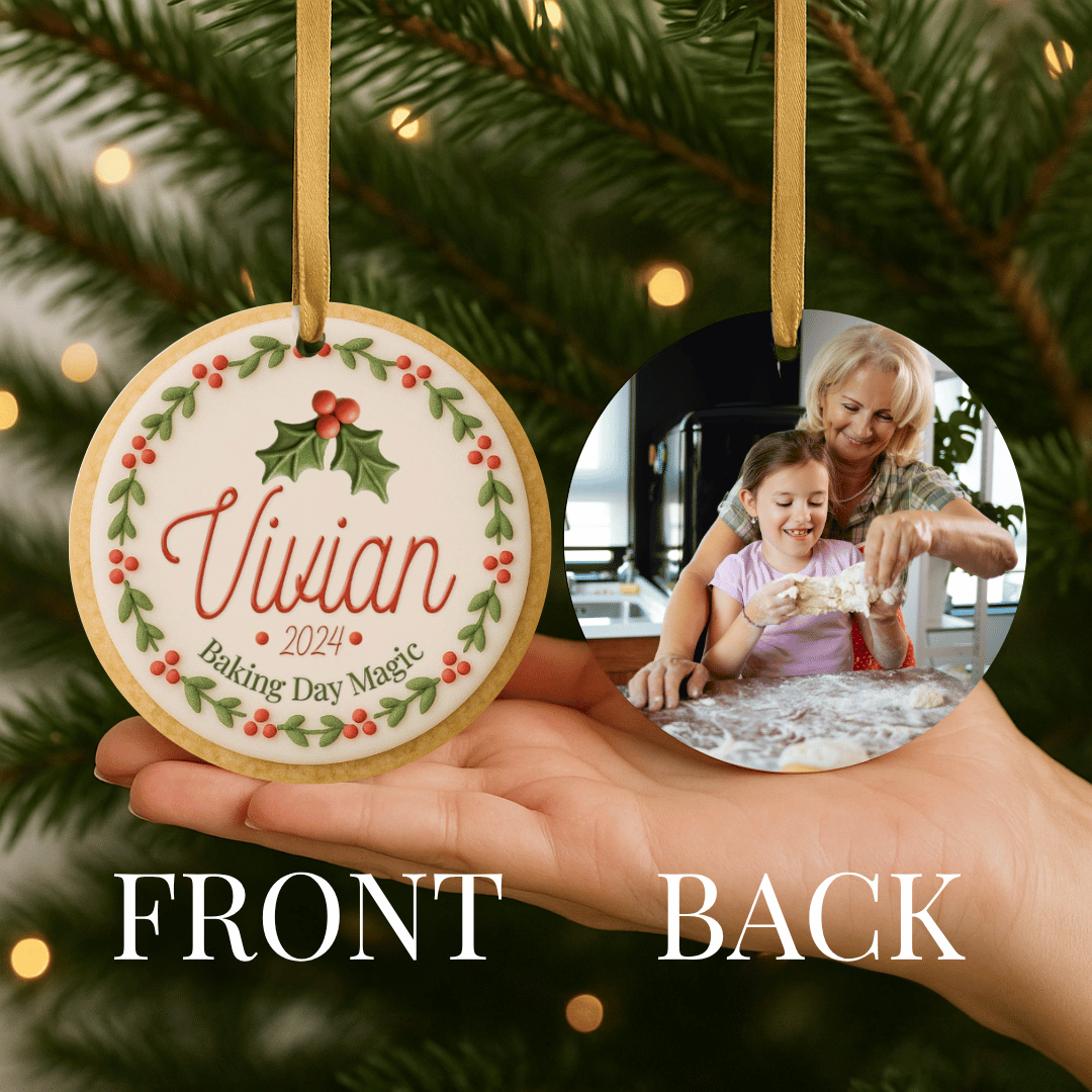 Personalized Christmas ornament with a red and green cookie design on the front, and a photo on the back