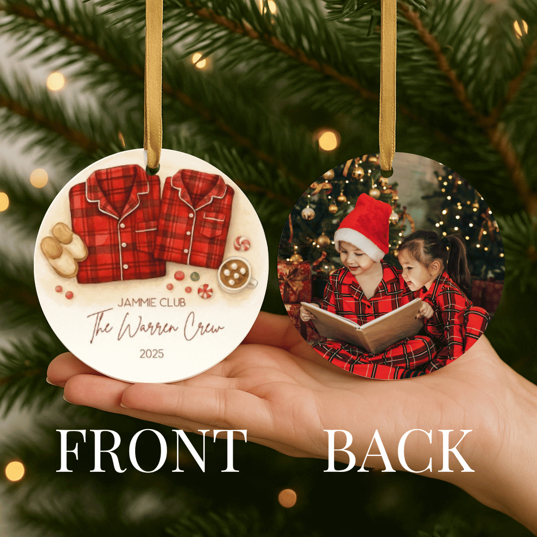 Personalized ceramic Christmas ornament featuring matching family pajamas, showing the front and a photo on the back