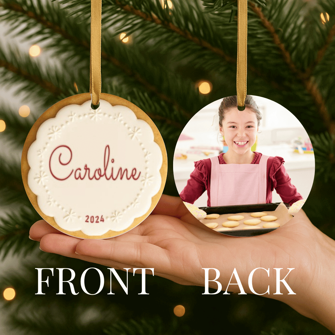 Personalized round sugar cookie Christmas ornament with a photo on the back