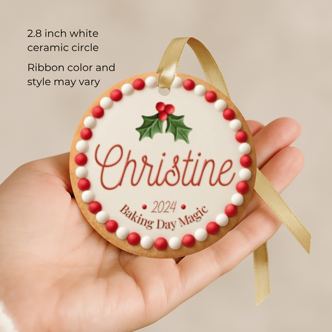 Personalized Christmas ornament with a red and white cookie design