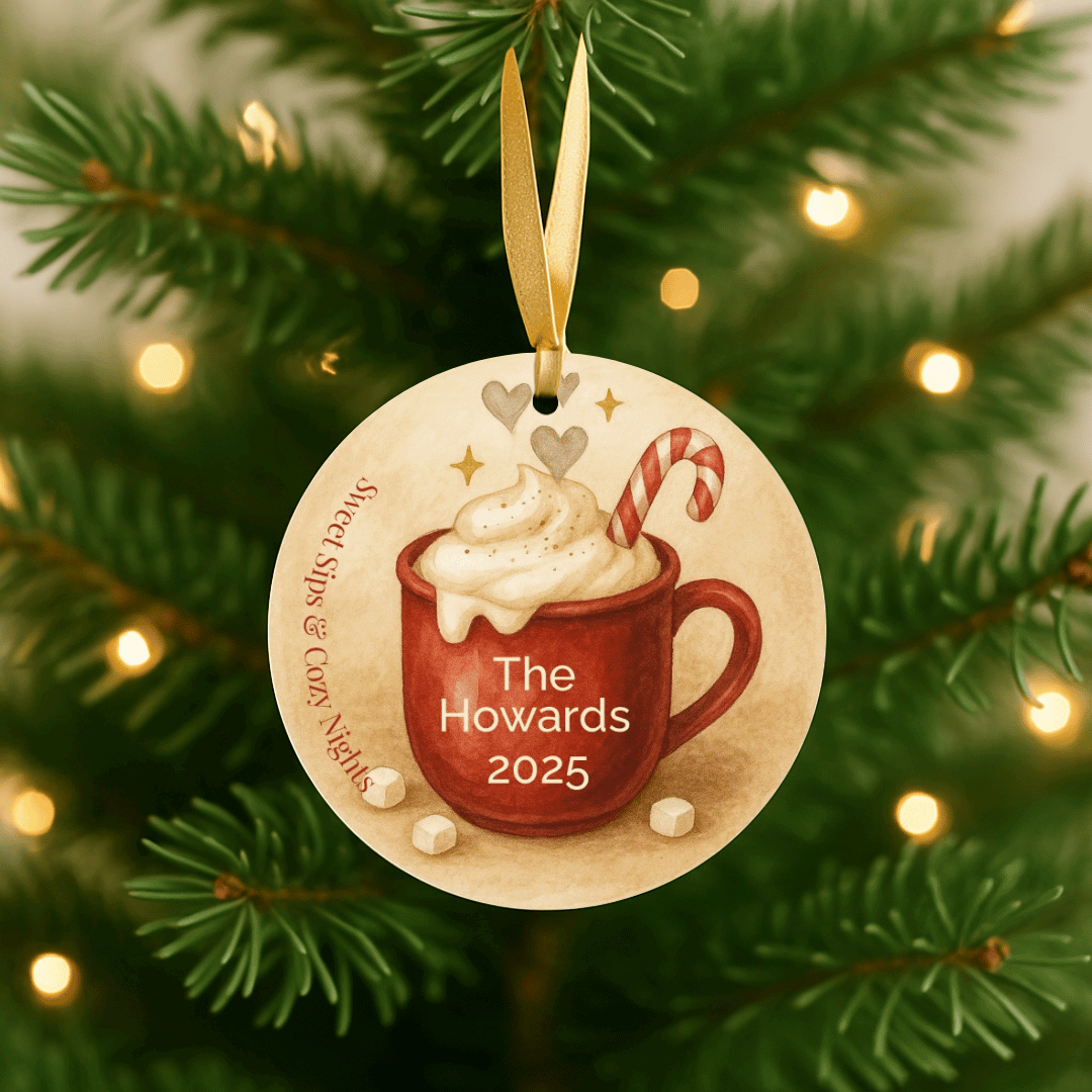 Personalized ornament with a hot cocoa mug design