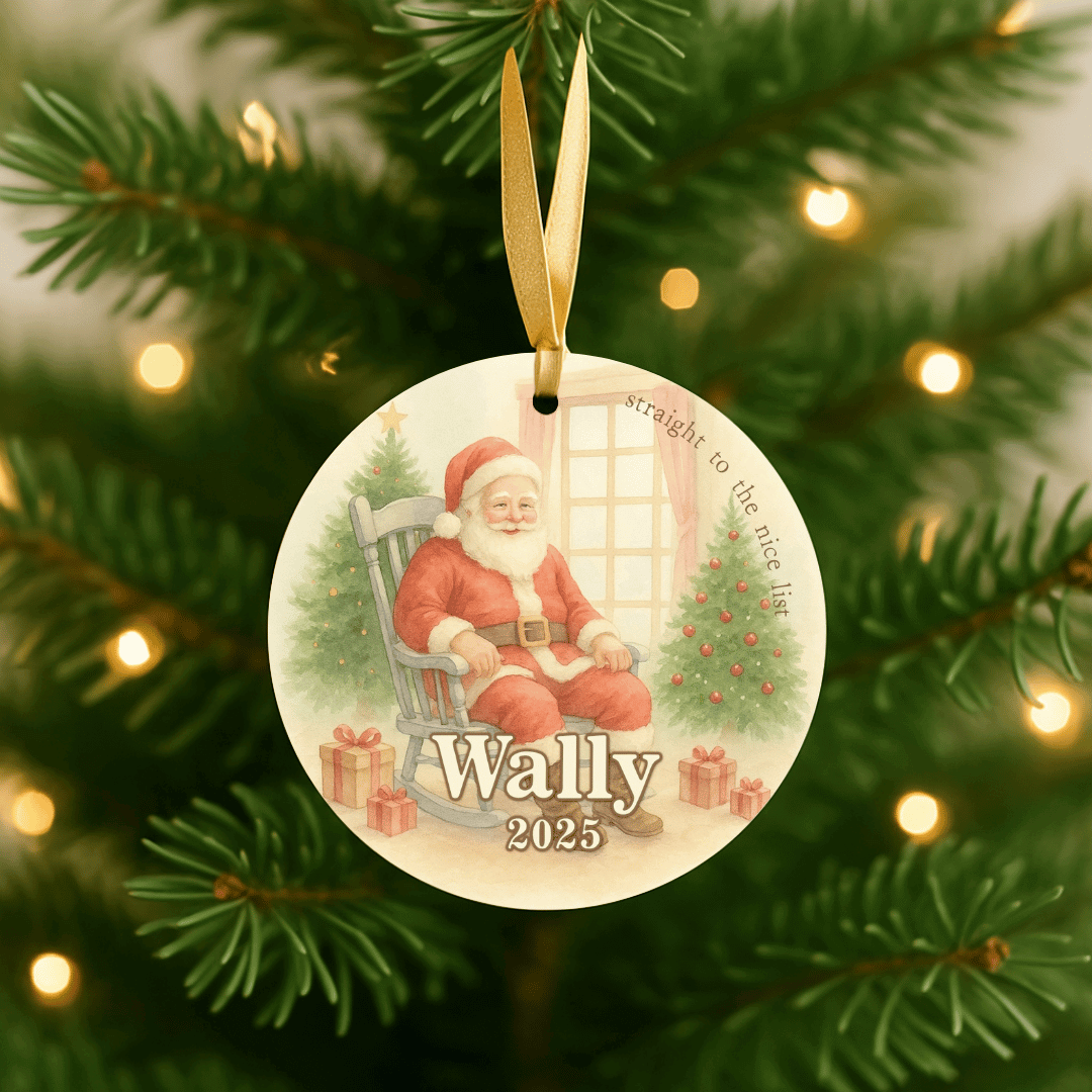 Personalized Christmas ornament with Santa Claus on a tree with lights