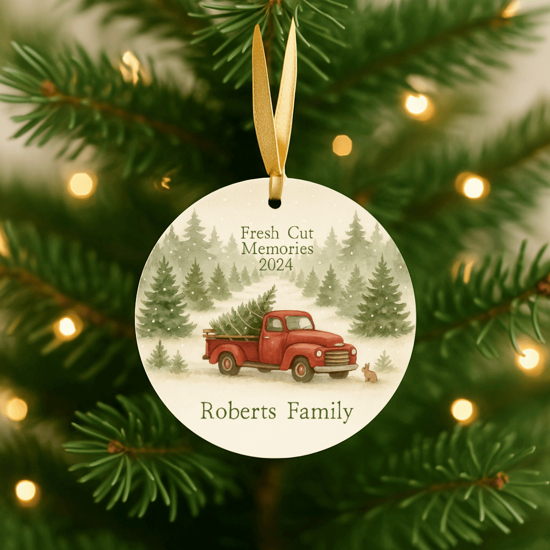 Round personalized Christmas tree farm ornament with red truck and trees hanging in a Christmas tree