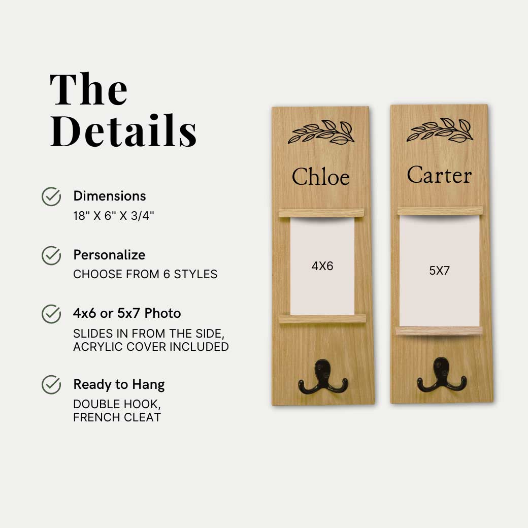 Details and dimensions for a personalized wooden coat rack with room for a name and a photo.