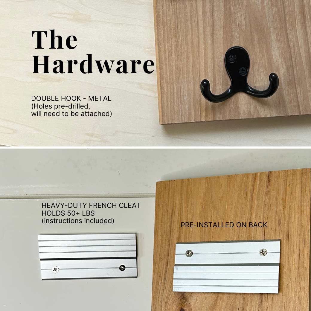 Close-up of the hardware and hook on a solid wooden wall-mounted coat rack