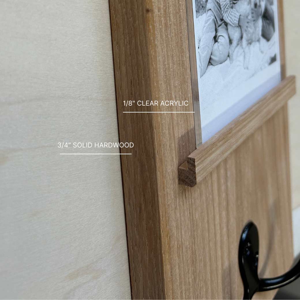 Close-up view of the coat rack with clear acrylic and made from solid hardwood