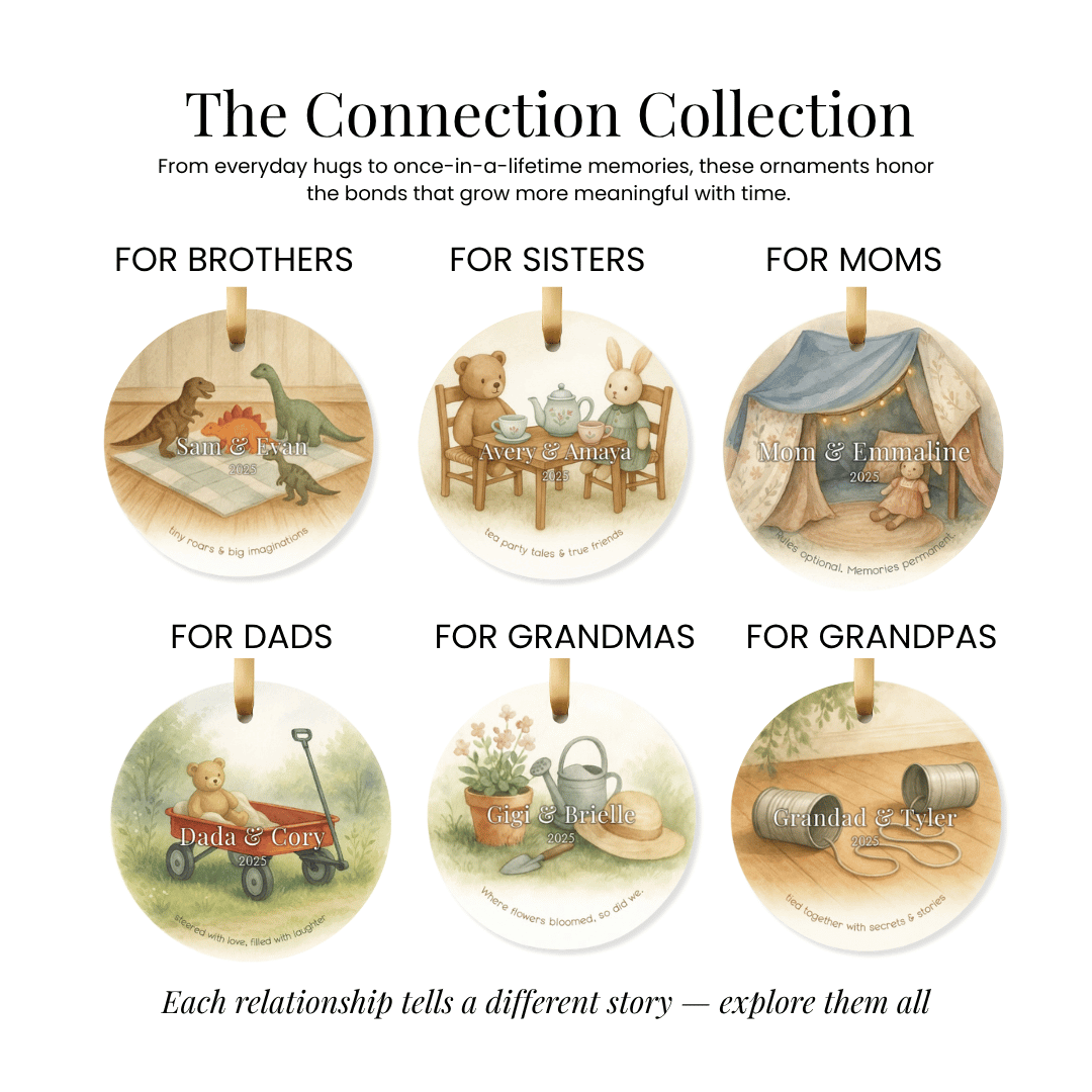 Collection of decorative ornaments for brothers, sisters, moms, dads, grandmas, and grandpas