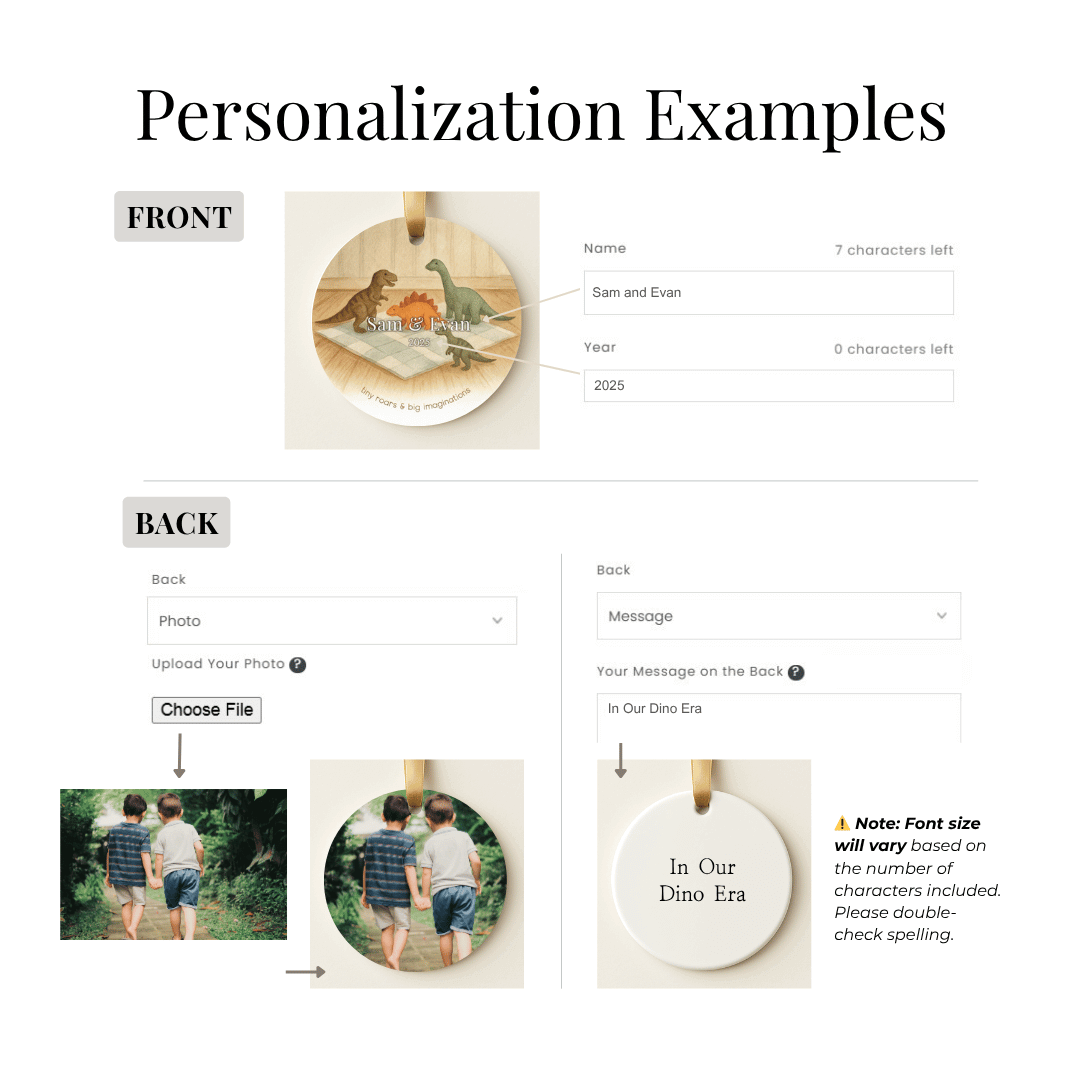 Product customization interface for a personalized ceramic Christmas ornament, with options for front and back text and photos.