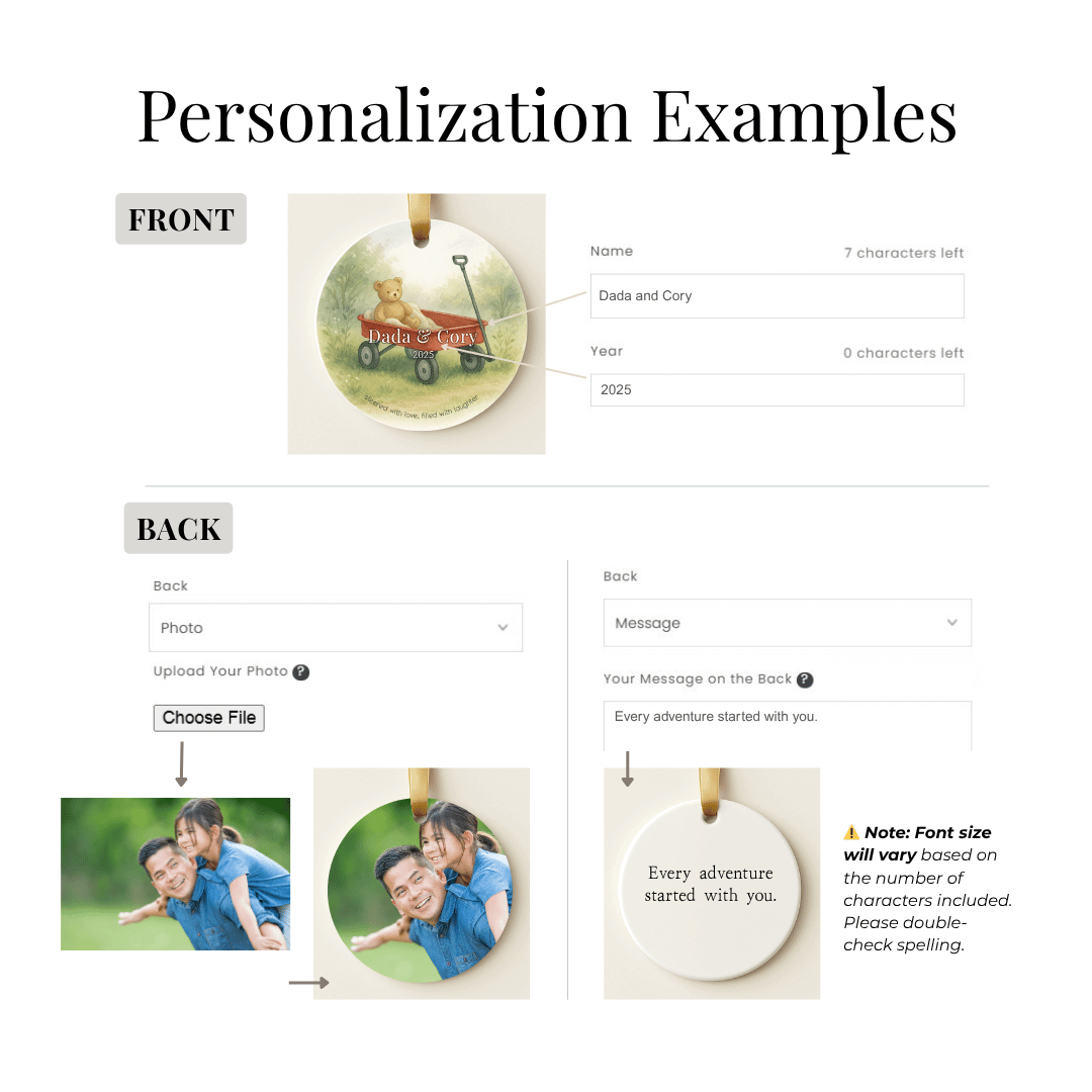 Personalization interface for an ornament with text fields for name and message, and file upload option.