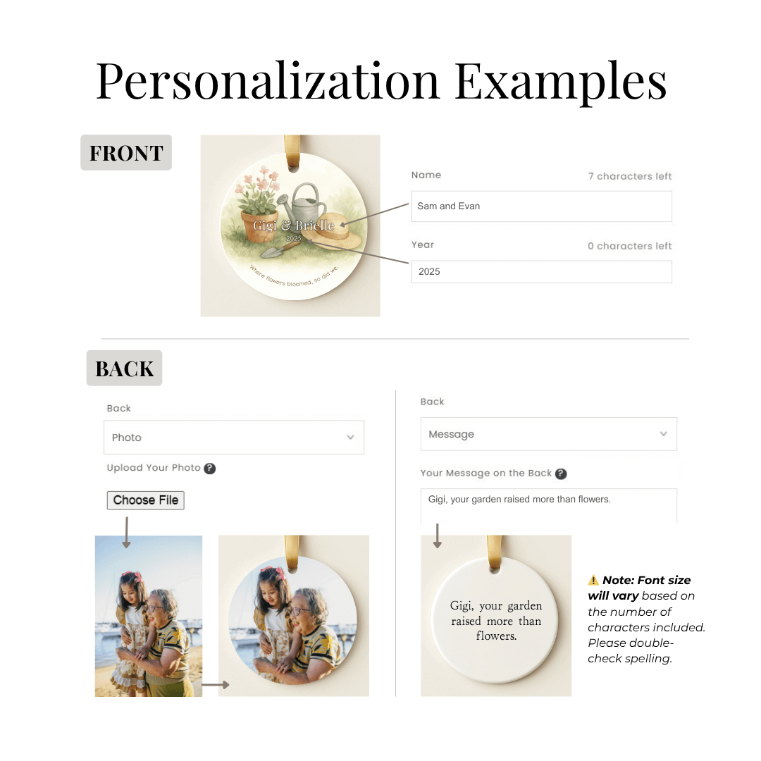 Personalization interface for a ceramic Christmas ornament with photo and text options.