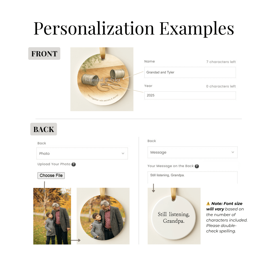 Personalization examples for ornaments with room for a name, year, message, and photo
